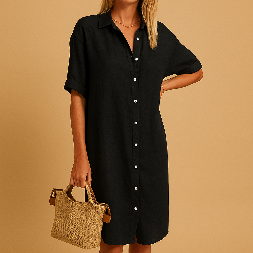 Shirt dress for women with a classic long silhouette, short sleeves, and relaxed fit. Available in black, green, blue, and red. Perfect for work or summer occasions.