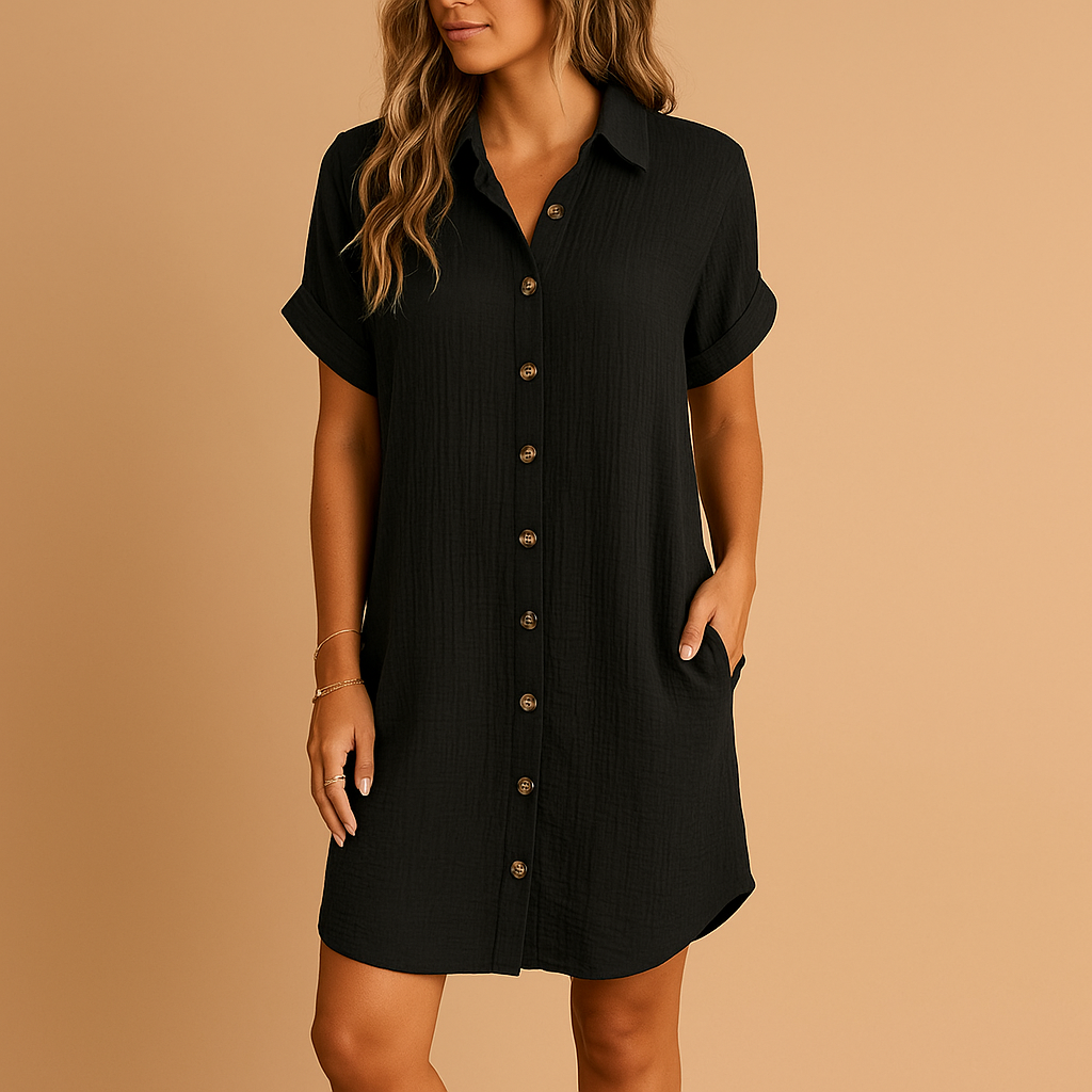 Women’s shirt-style midi dress with button closure, relaxed fit, and breathable fabric. Ideal for summer holidays, walks, and casual activities.