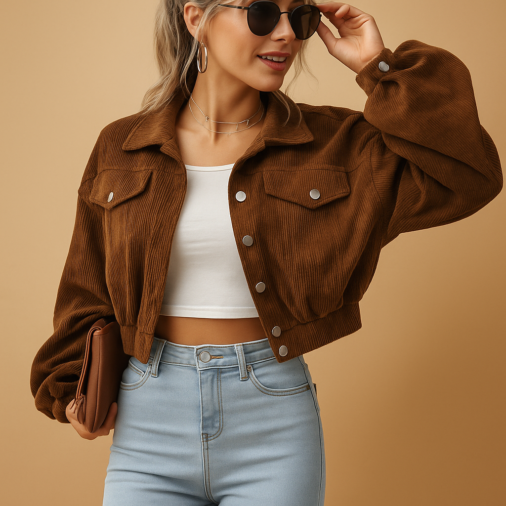 Women’s short corduroy jacket with ribbed texture, silver buttons, and chest pockets. A stylish layering piece for all seasons.