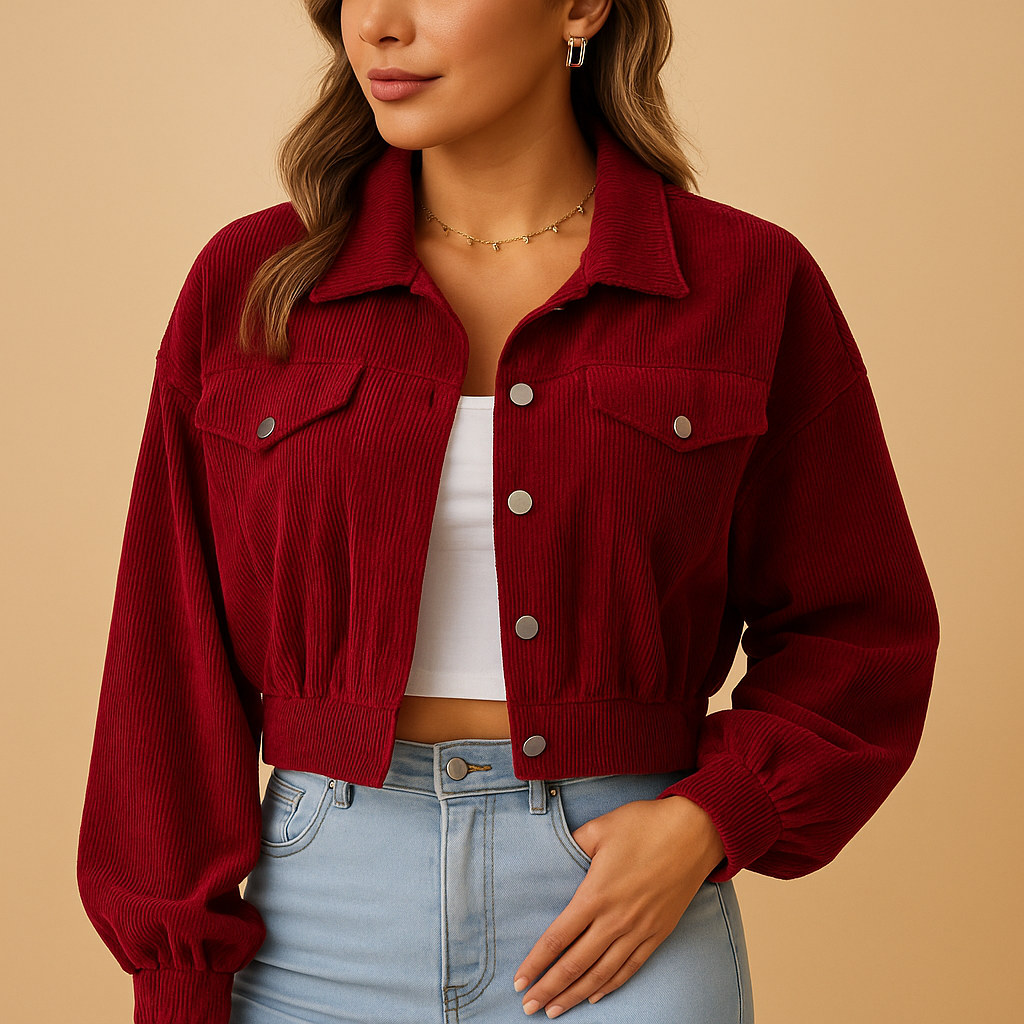 Women’s short corduroy jacket with ribbed texture, silver buttons, and chest pockets. A stylish layering piece for all seasons.