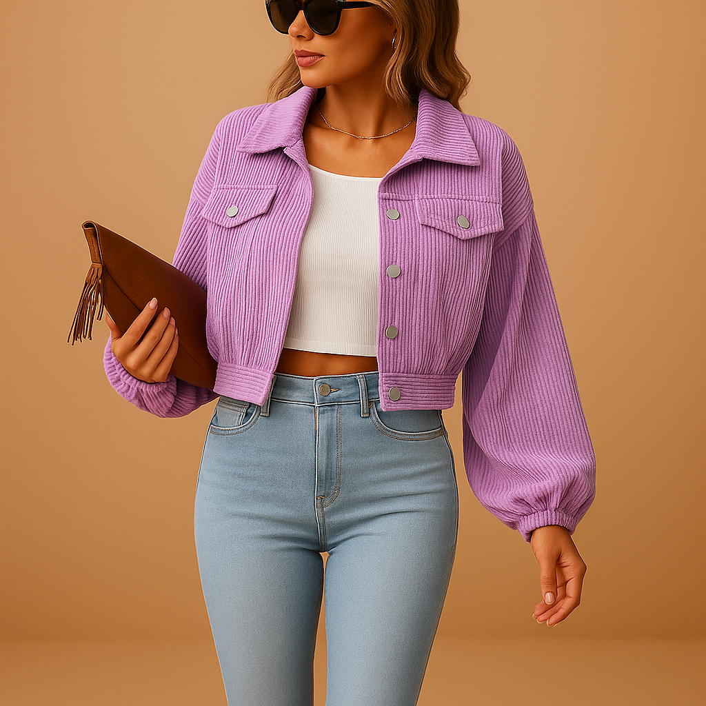 Women’s short corduroy jacket with ribbed texture, silver buttons, and chest pockets. A stylish layering piece for all seasons.