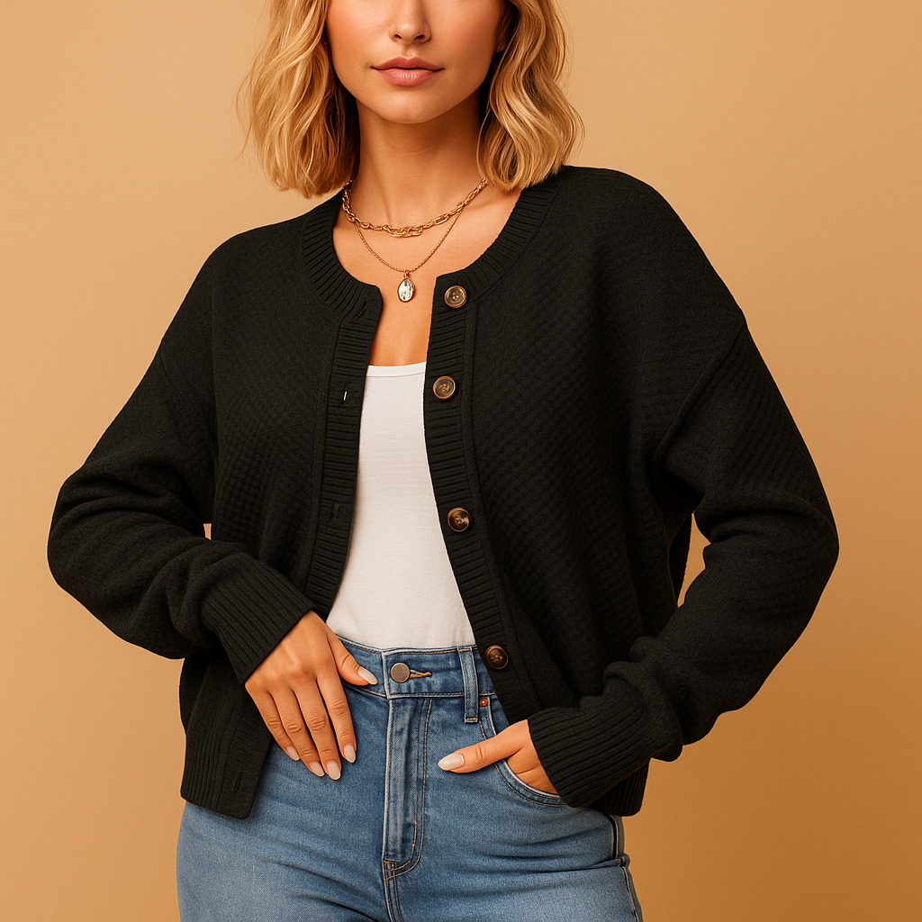 Short knitted cardigan for women with decorative button closure and soft knit, compact fit ideal for layering, casual outfits, or office wear.