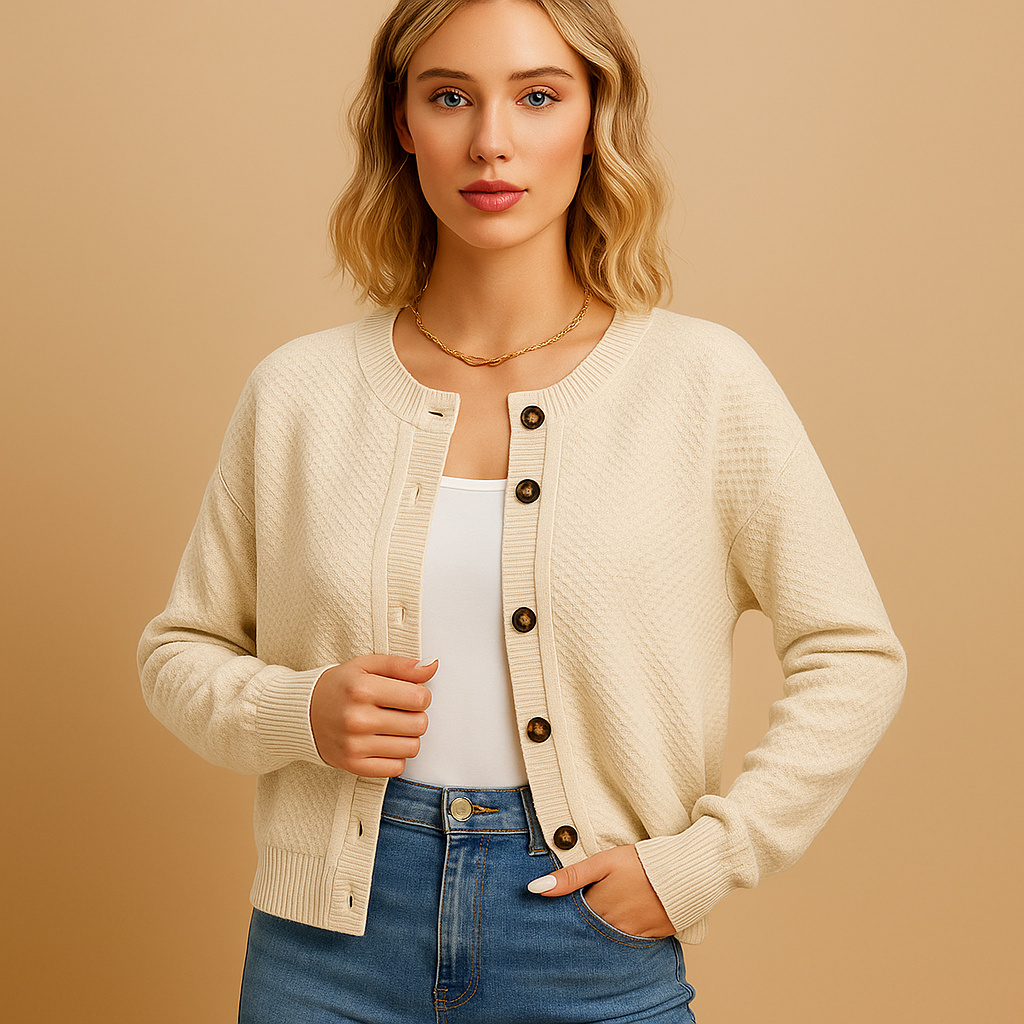 Short knitted cardigan for women with decorative button closure and soft knit, compact fit ideal for layering, casual outfits, or office wear.
