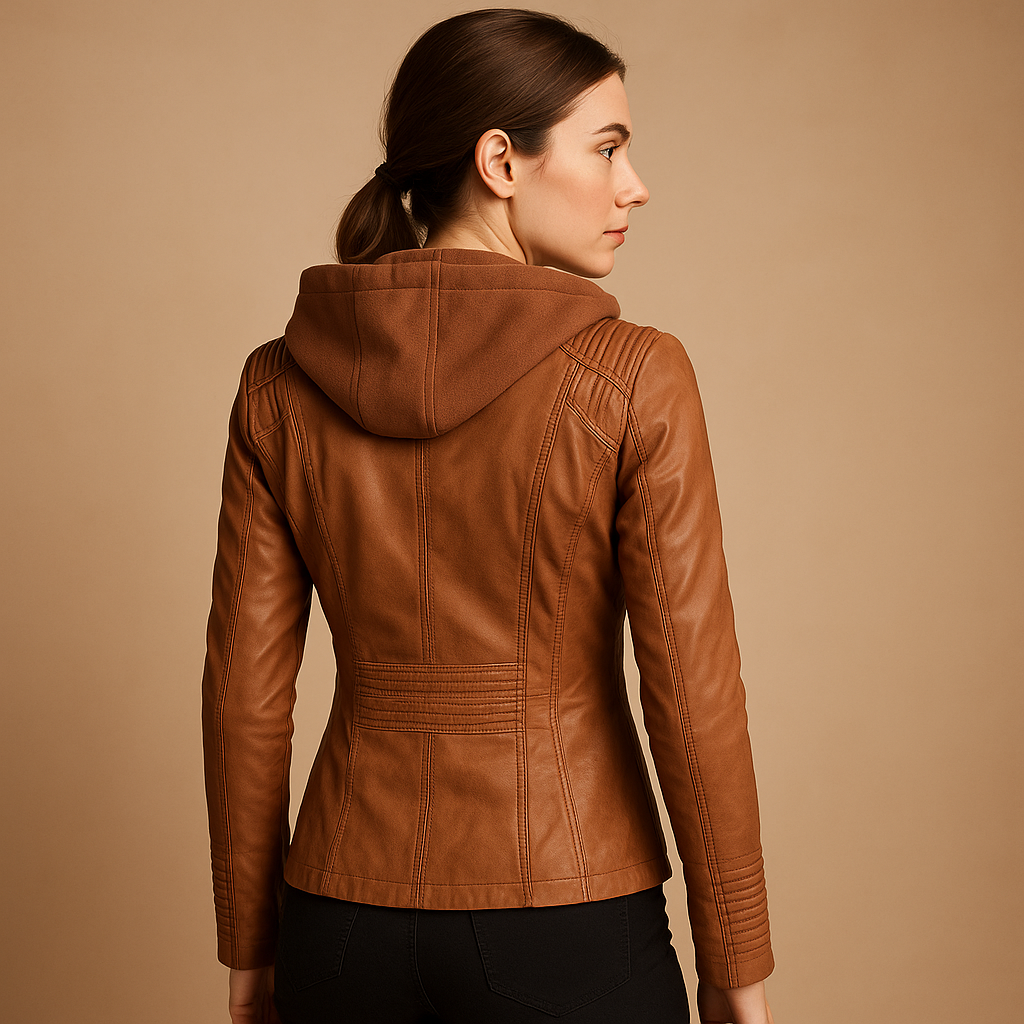 Women’s short leather jacket with sleek silhouette, detachable hood, and zipper details. Perfect for casual outings, outdoor wear, and chic evenings.