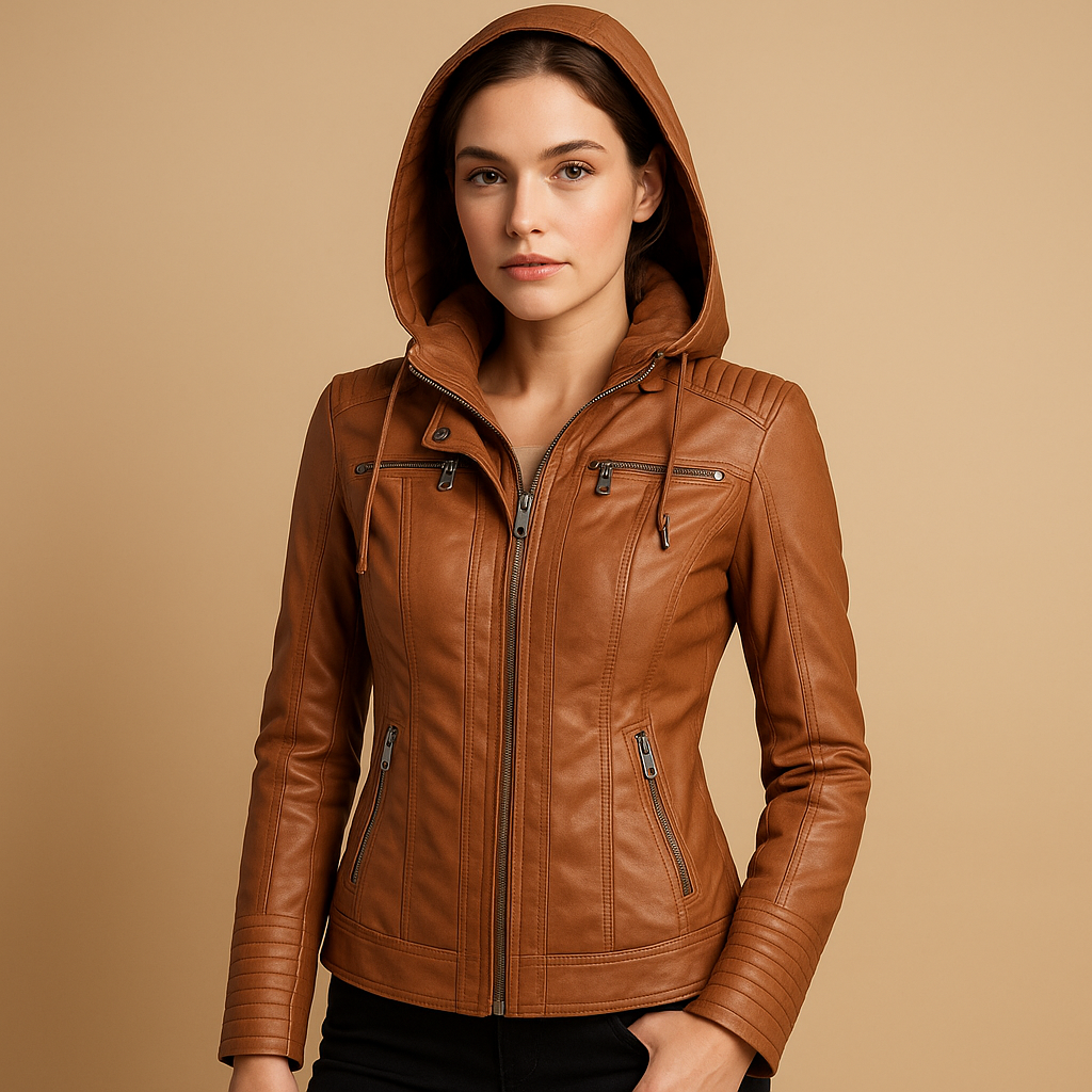 Women’s short leather jacket with sleek silhouette, detachable hood, and zipper details. Perfect for casual outings, outdoor wear, and chic evenings.