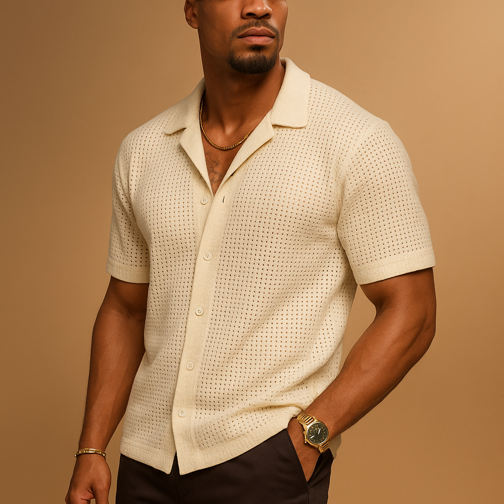 Men’s lightweight short sleeve shirt with button closure in solid color, perfect for summer, beach days, and casual warm-weather outfits.