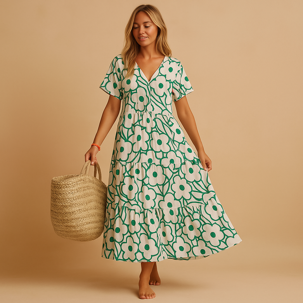 Short sleeve summer dress for women named Isla, featuring a lightweight, breathable fabric and casual fit perfect for warm days, beach outings, and brunches.