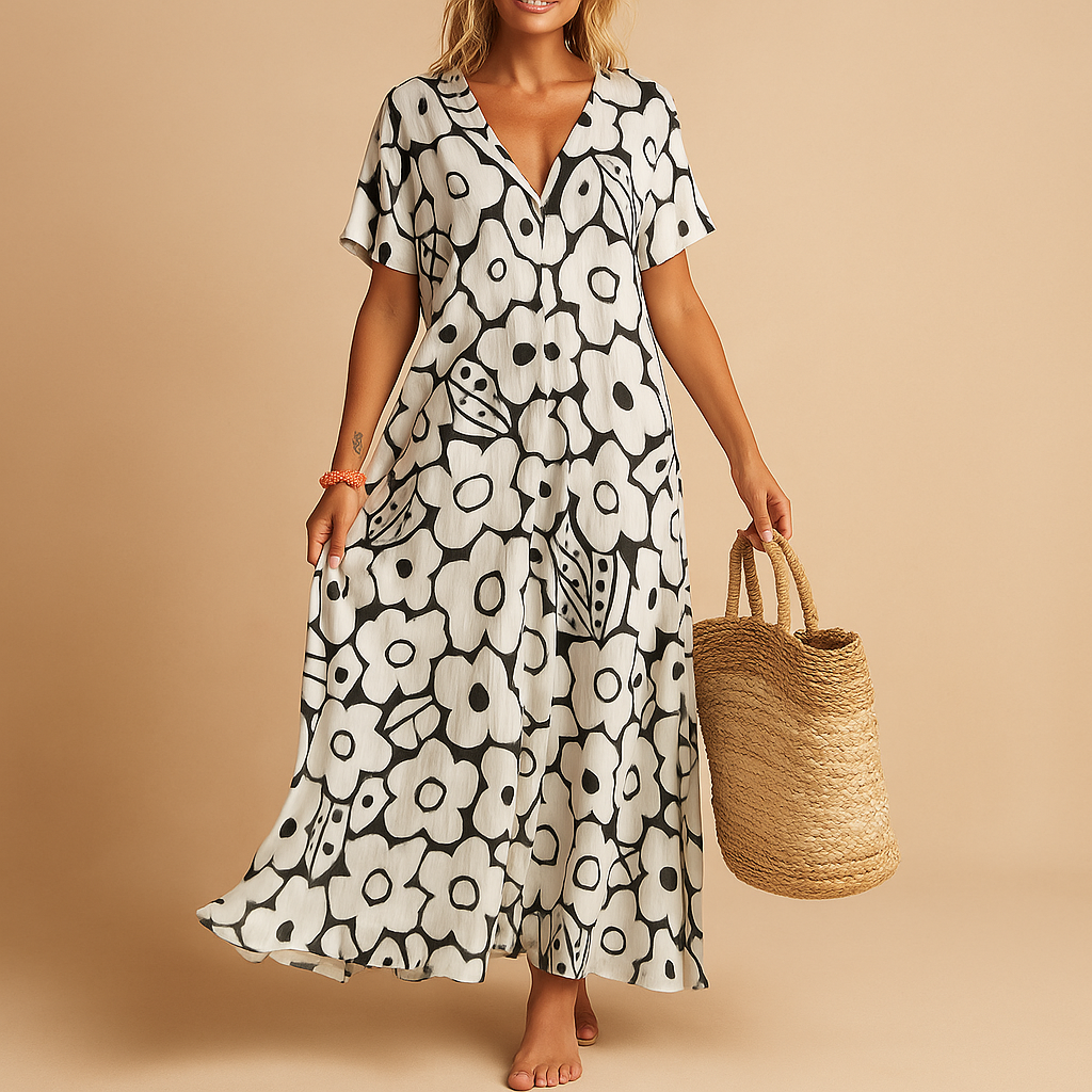 Short sleeve summer dress for women named Isla, featuring a lightweight, breathable fabric and casual fit perfect for warm days, beach outings, and brunches.