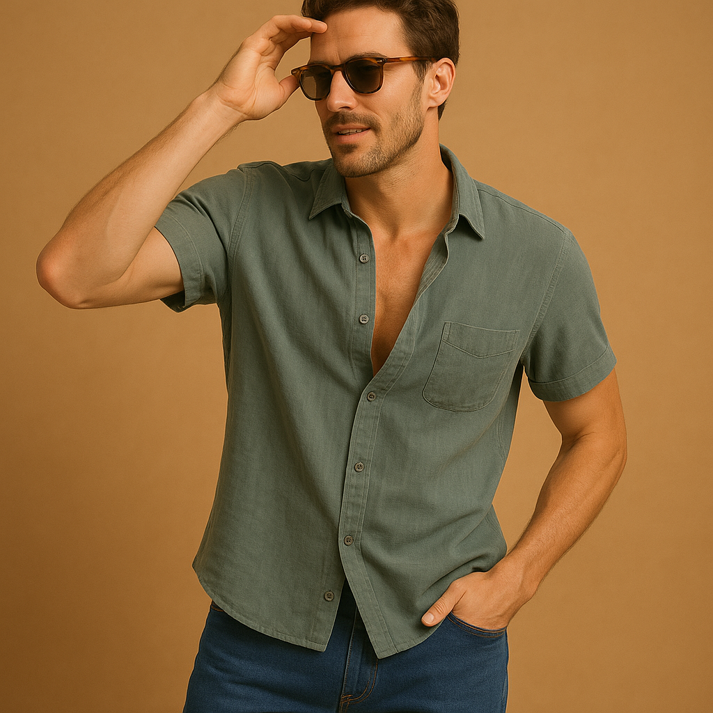 Men’s short sleeve summer shirt with relaxed breathable fit, available in multiple colors, perfect for warm days, beach outings, and casual wear.