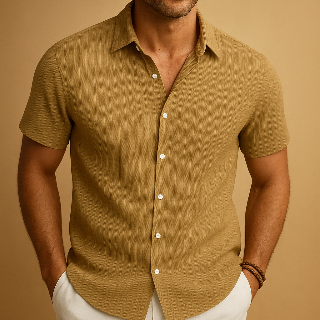 Men’s short sleeve summer shirt with slim fit and smart collar, made from breathable lightweight fabric. Ideal for warm days, casual wear, or business settings.
