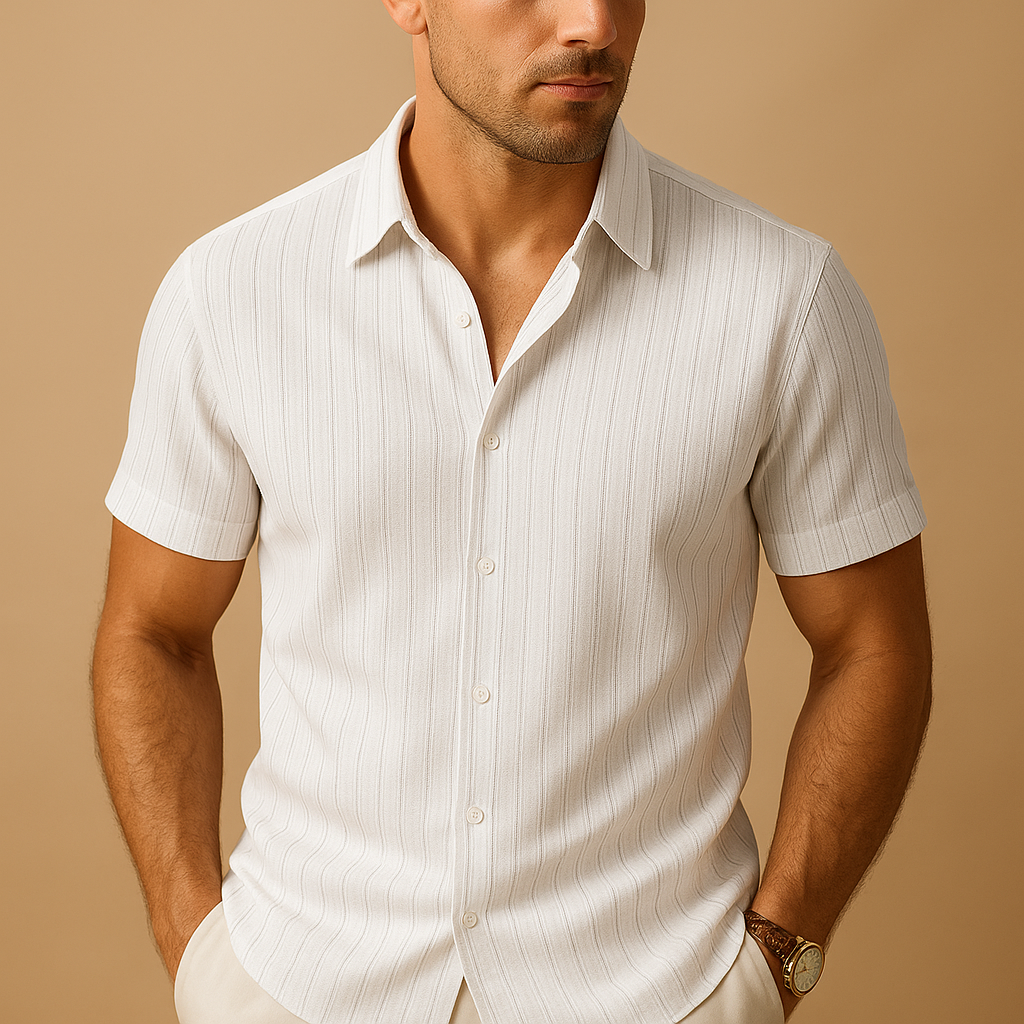 Men’s short sleeve summer shirt with slim fit and smart collar, made from breathable lightweight fabric. Ideal for warm days, casual wear, or business settings.
