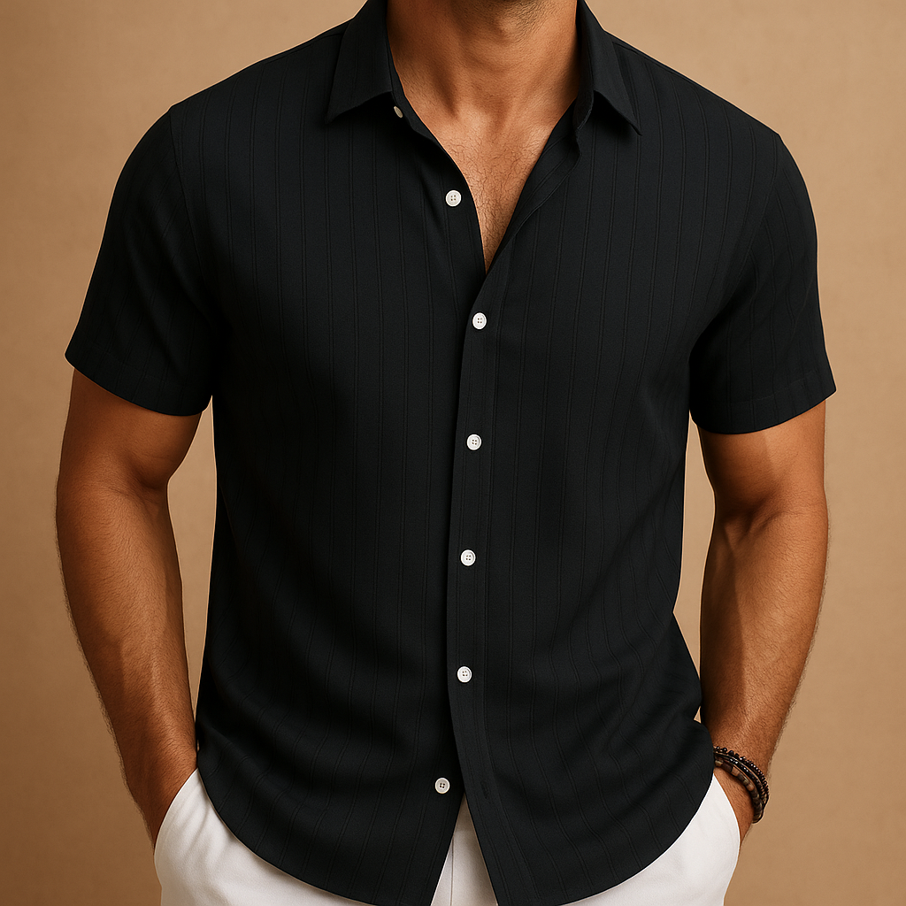 Men’s short sleeve summer shirt with slim fit and smart collar, made from breathable lightweight fabric. Ideal for warm days, casual wear, or business settings.