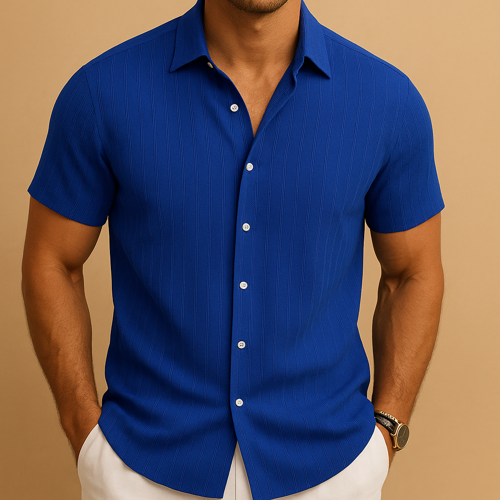 Men’s short sleeve summer shirt with slim fit and smart collar, made from breathable lightweight fabric. Ideal for warm days, casual wear, or business settings.
