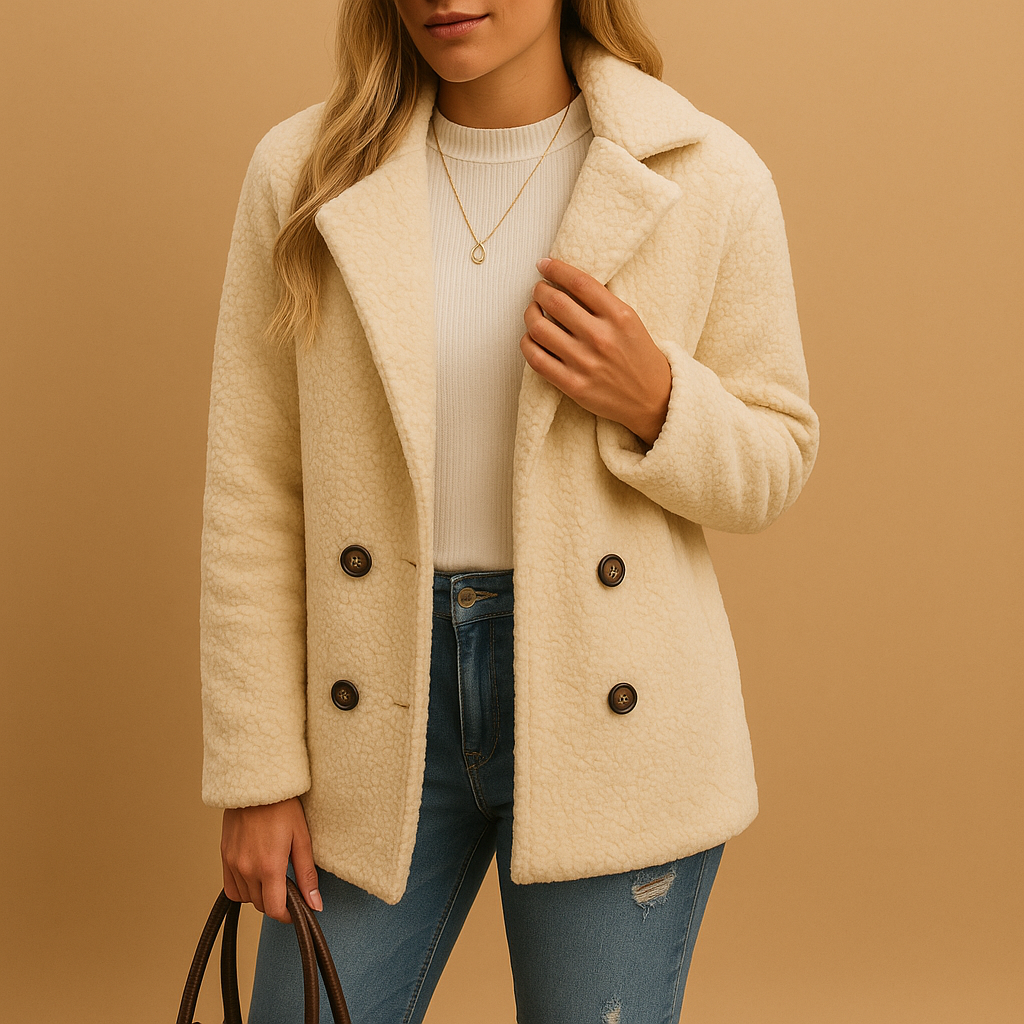 Elegant short winter coat for women with button closure, tailored fit, and versatile style for daily wear and layering.
