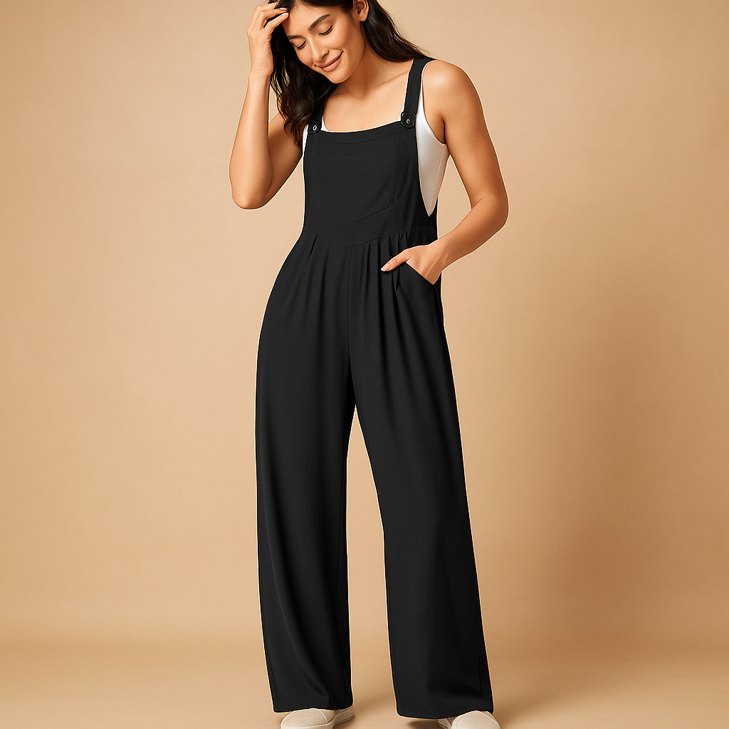 Women’s sleeveless casual jumpsuit with gathered design, functional pockets, and relaxed fit. Available in pink, black, and grey for daily wear and weekends.