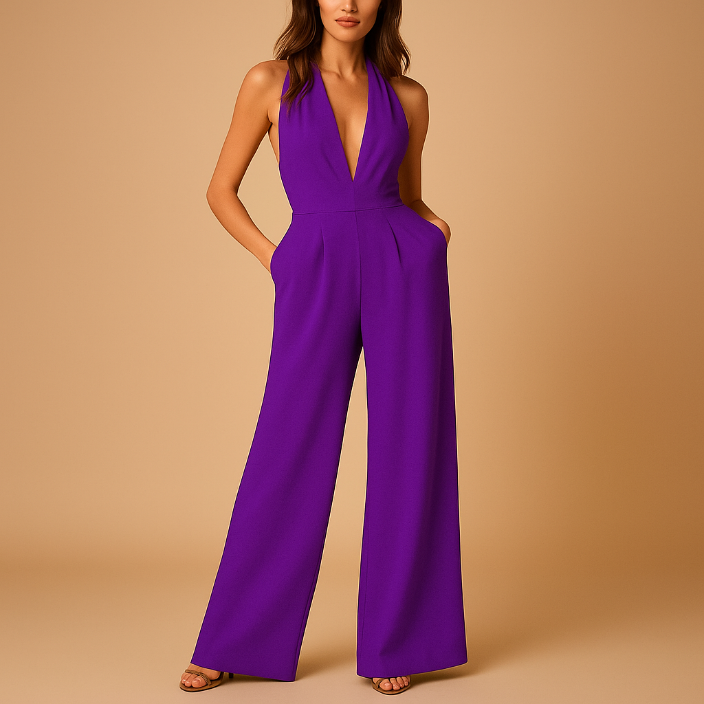 Women’s sleeveless jumpsuit with deep V-neck and wide leg design. Backless and elegant, perfect for parties, chic evenings, and formal events.