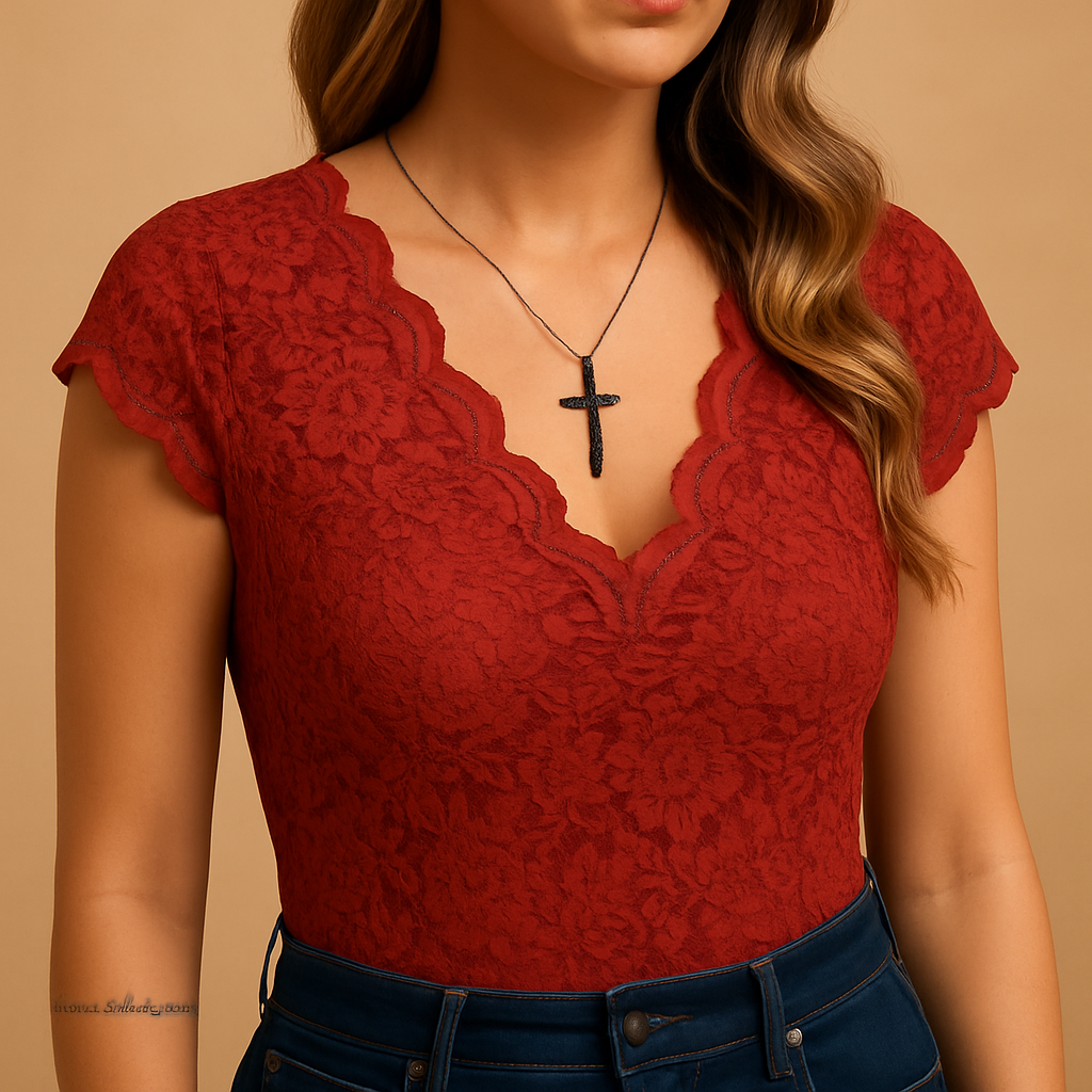 Women’s sleeveless lace top with slim fit and deep V-neckline, available in pink, red, black, and white, perfect for parties or formal occasions.