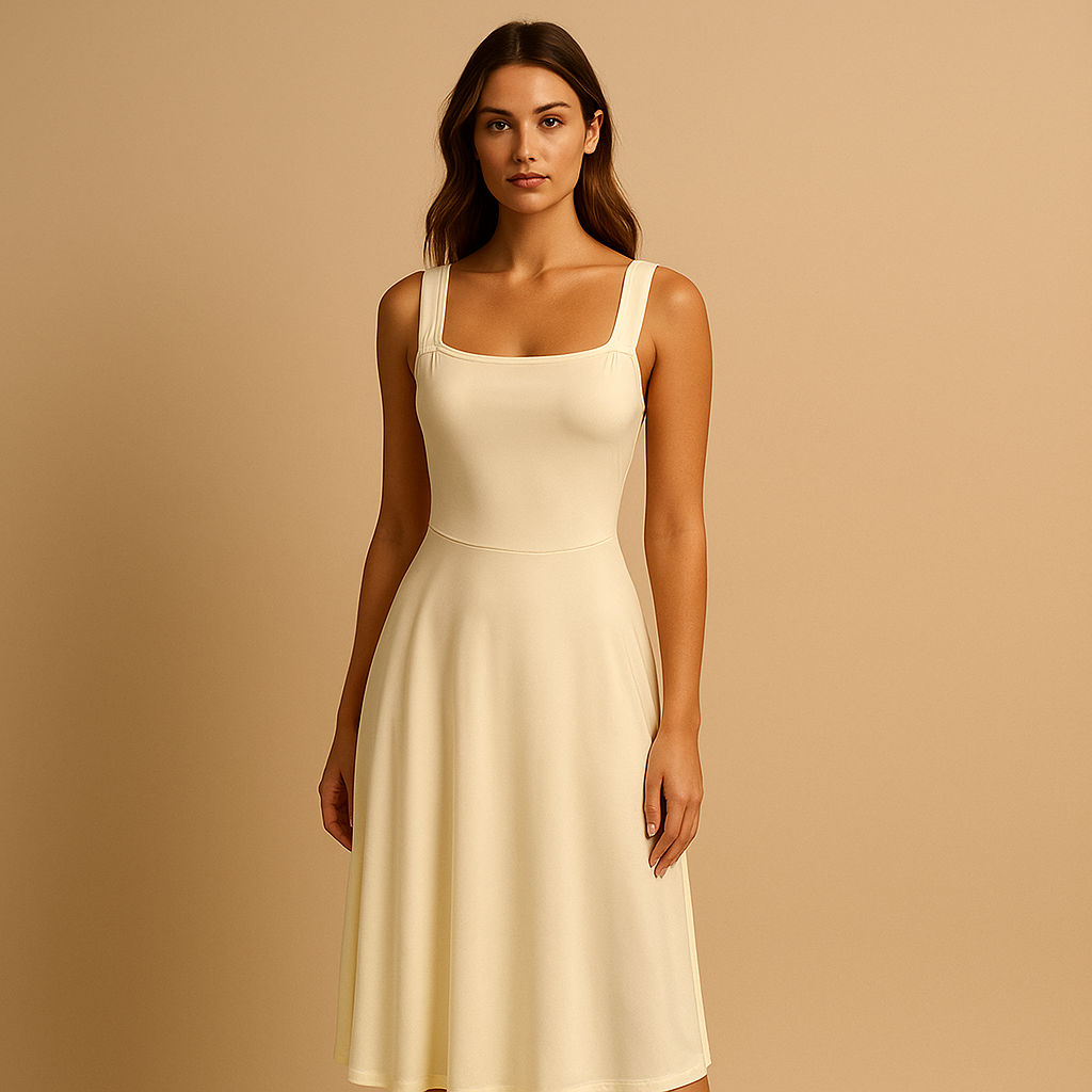 Sleeveless solid dress for women named Clara, featuring a minimalist cut, breathable fabric, and elegant fit perfect for summer outings and formal occasions.