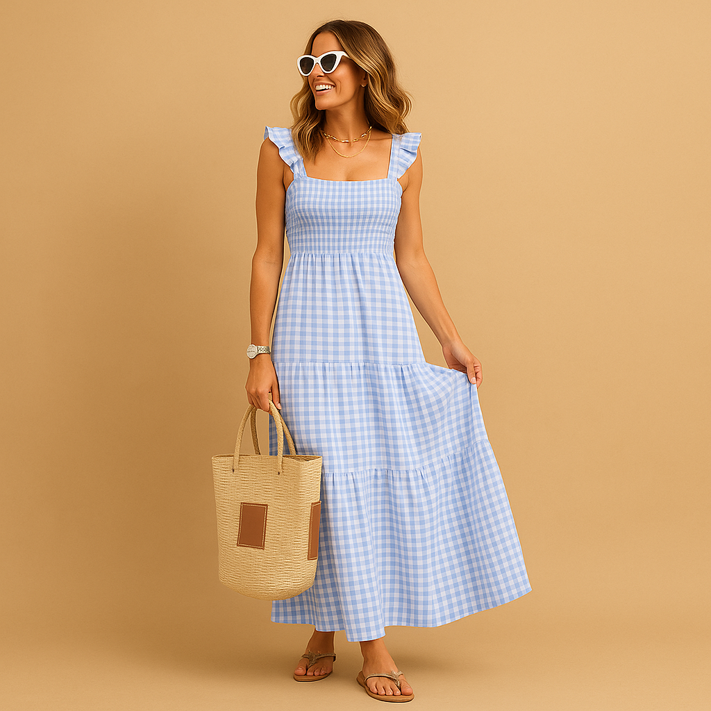 Sleeveless long summer dress for women named Freya, featuring a flowy fit and breathable fabric, ideal for casual days, beach outings, or evening events.