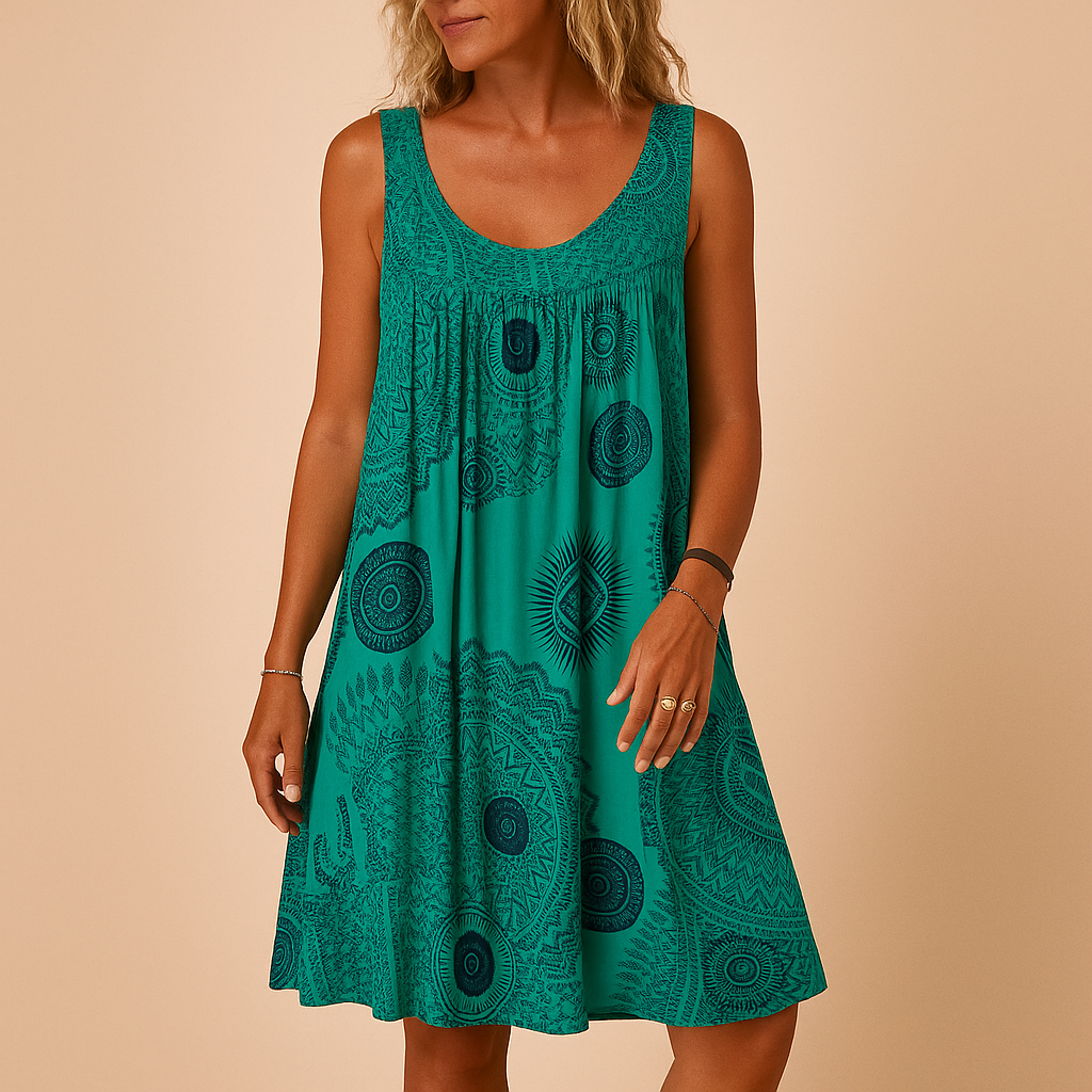 Sleeveless summer dress for women with vibrant multicolor print and flowy fit, perfect for vacations, beach days, and casual summer outings.