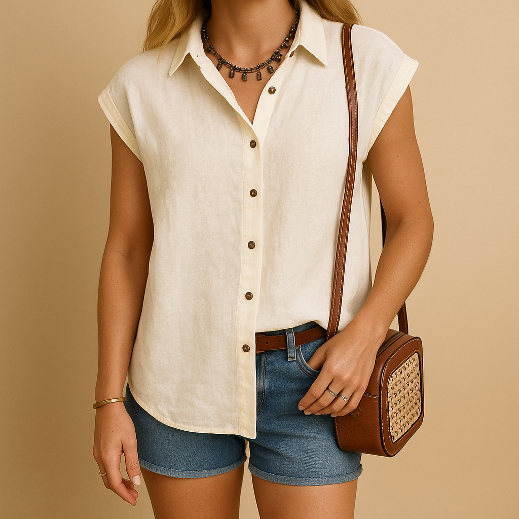 Sleeveless summer shirt for women with classic button-up design, perfect for warm days and versatile summer outfits.