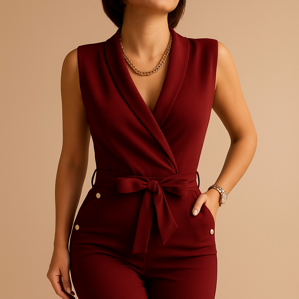 Women’s sleeveless v-neck jumpsuit with waist tie, available in green, black, pink, blue, red, and dark red. Perfect for parties and formal events.