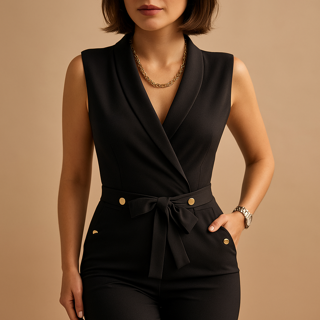 Women’s sleeveless v-neck jumpsuit with waist tie, available in green, black, pink, blue, red, and dark red. Perfect for parties and formal events.