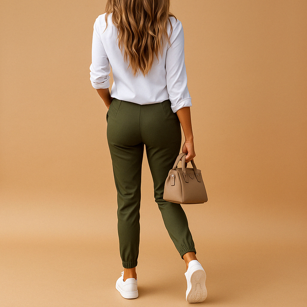 Slim fit chino pants for women with light stretch, available in Black, Khaki, and Army Green, perfect for work, casual, or business outfits.