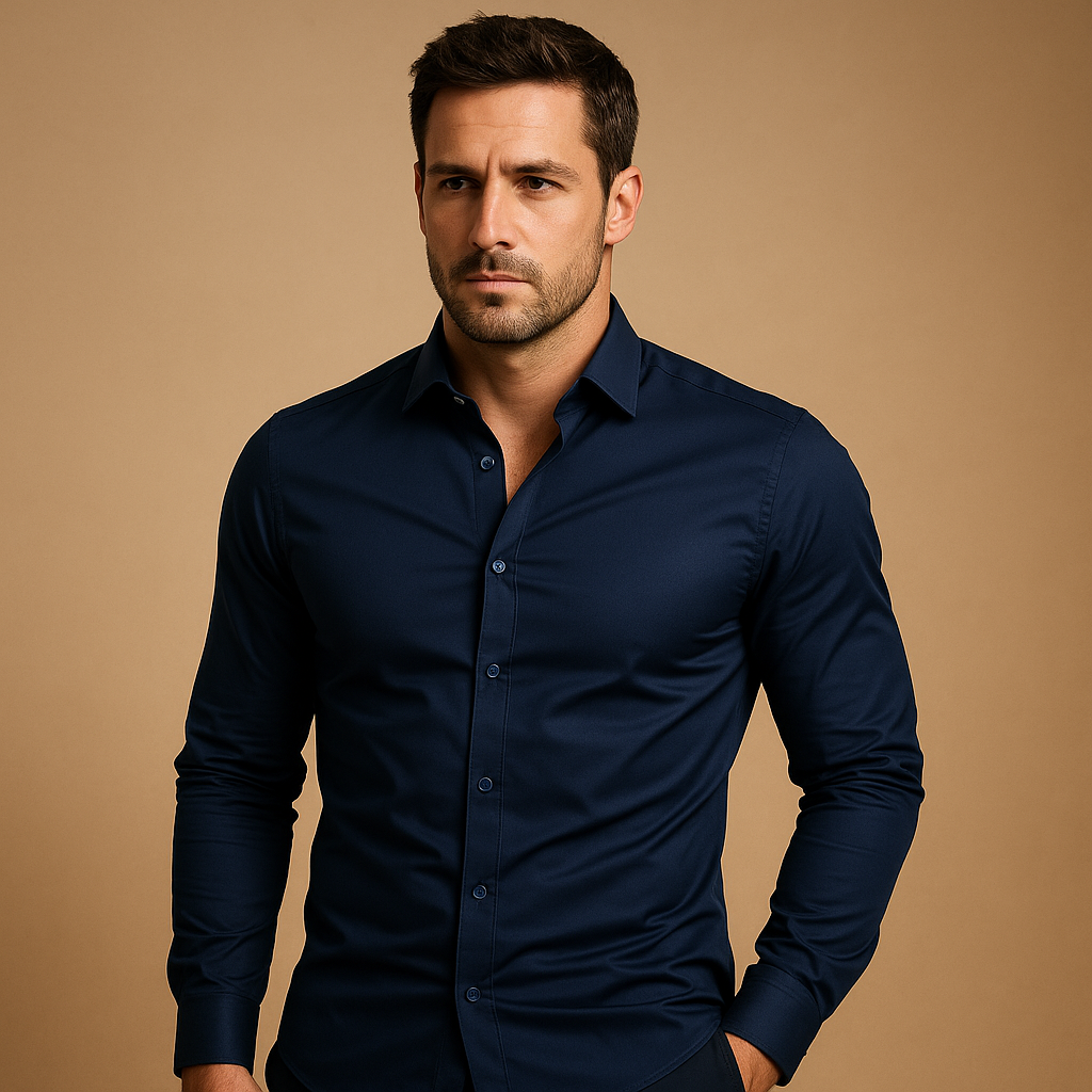 Men’s slim fit cotton shirt with classic turndown collar, breathable fabric, and sleek design. Perfect for office wear and stylish casual outfits.