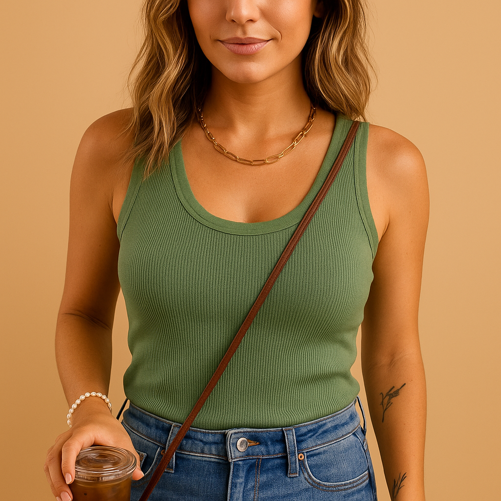 Women’s slim fit cotton tank top with U-neckline in multiple colors, soft breathable fabric, perfect for summer days and casual wear.