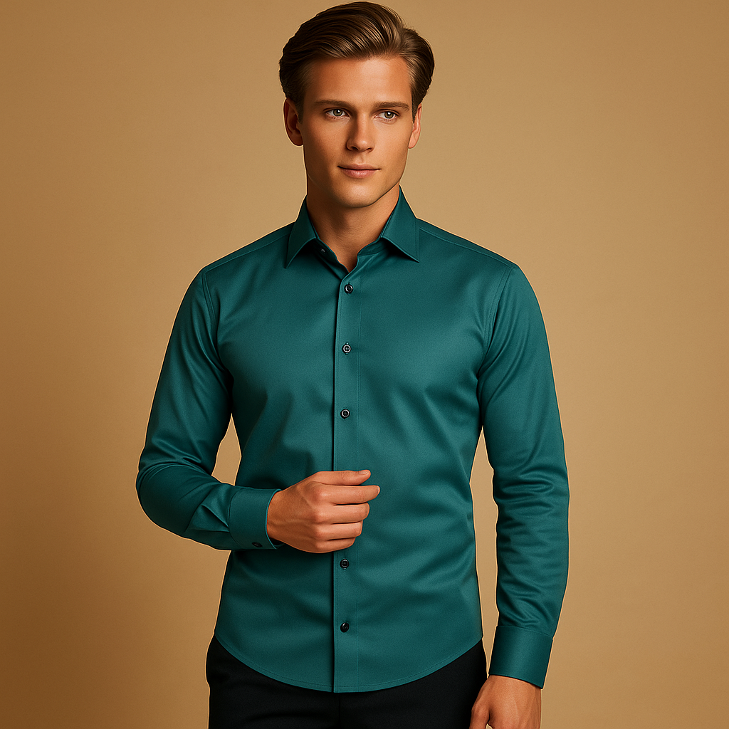 Men’s slim fit dress shirt with breathable stretch fabric, classic button-down design, and tailored fit for business or casual wear.