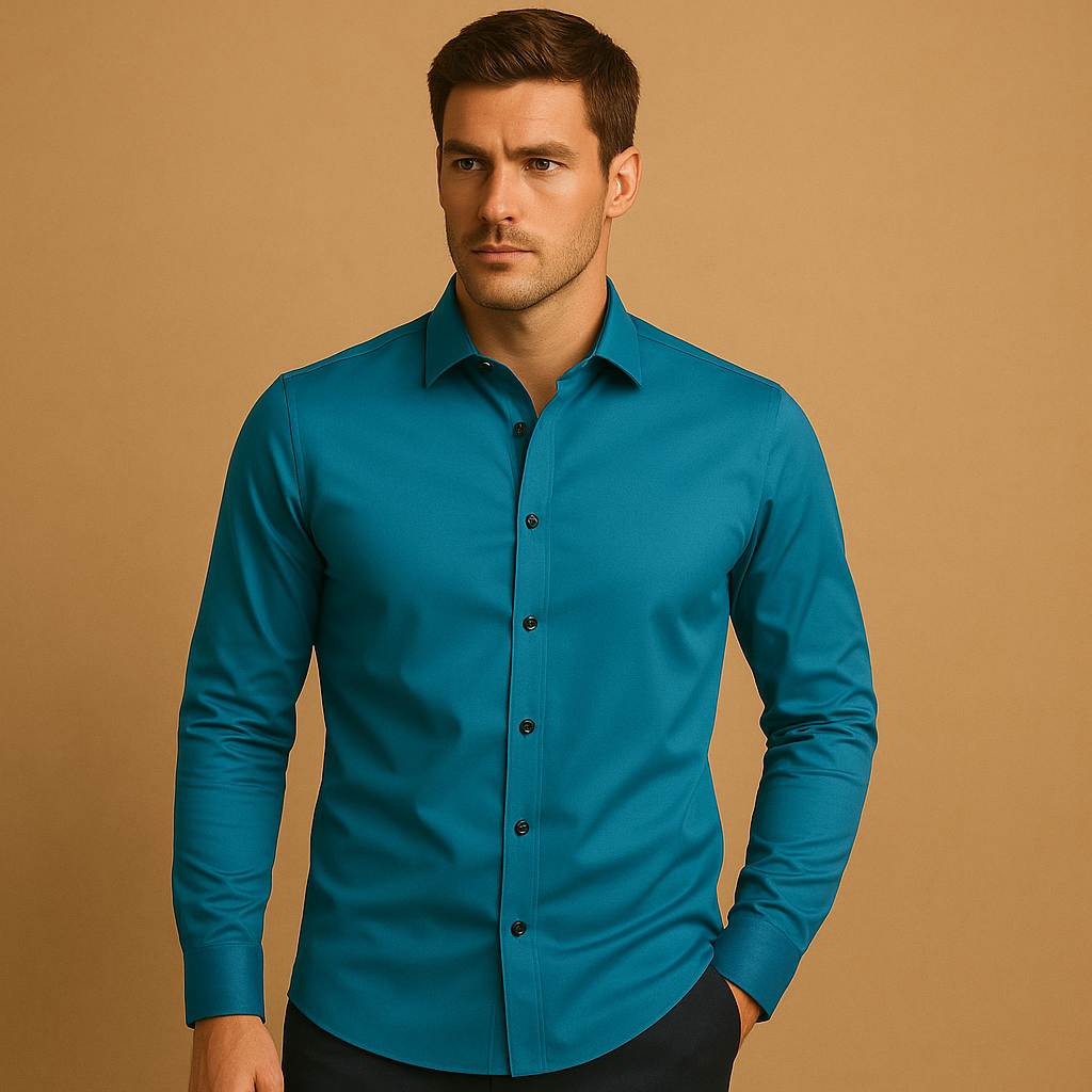 Men’s slim fit dress shirt with breathable stretch fabric, classic button-down design, and tailored fit for business or casual wear.