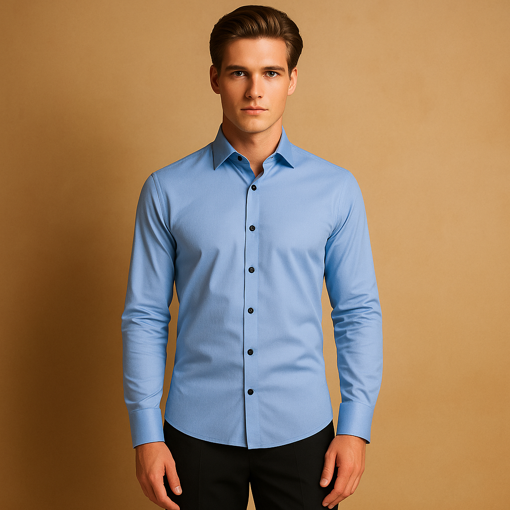 Men’s slim fit dress shirt with breathable stretch fabric, classic button-down design, and tailored fit for business or casual wear.
