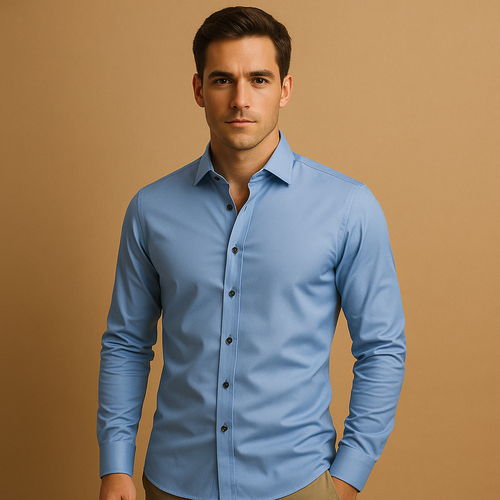 Men’s slim fit dress shirt with breathable stretch fabric, classic button-down design, and tailored fit for business or casual wear.