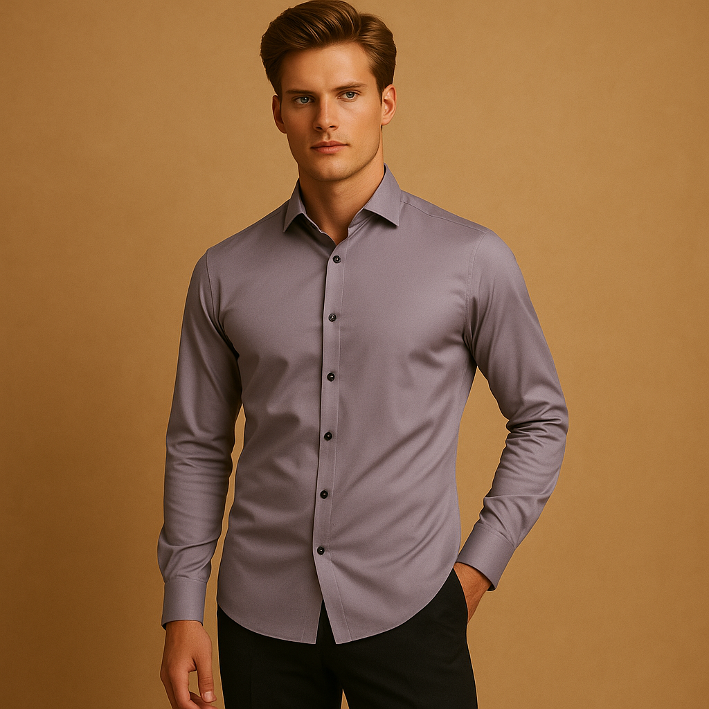 Men’s slim fit dress shirt with breathable stretch fabric, classic button-down design, and tailored fit for business or casual wear.