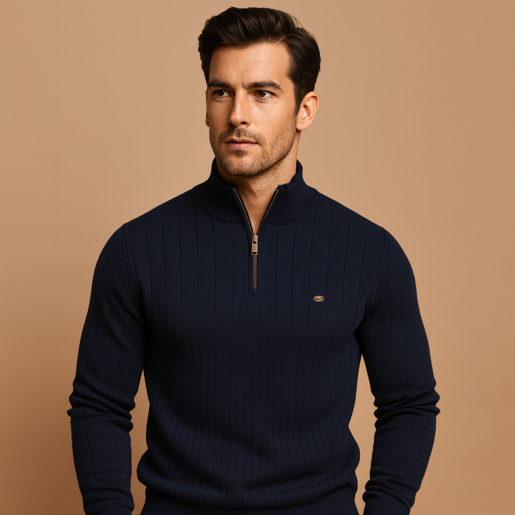 Men’s slim-fit half-zip sweater with a high collar and warm knit, ideal for casual, office, and modern everyday outfits during autumn and winter.