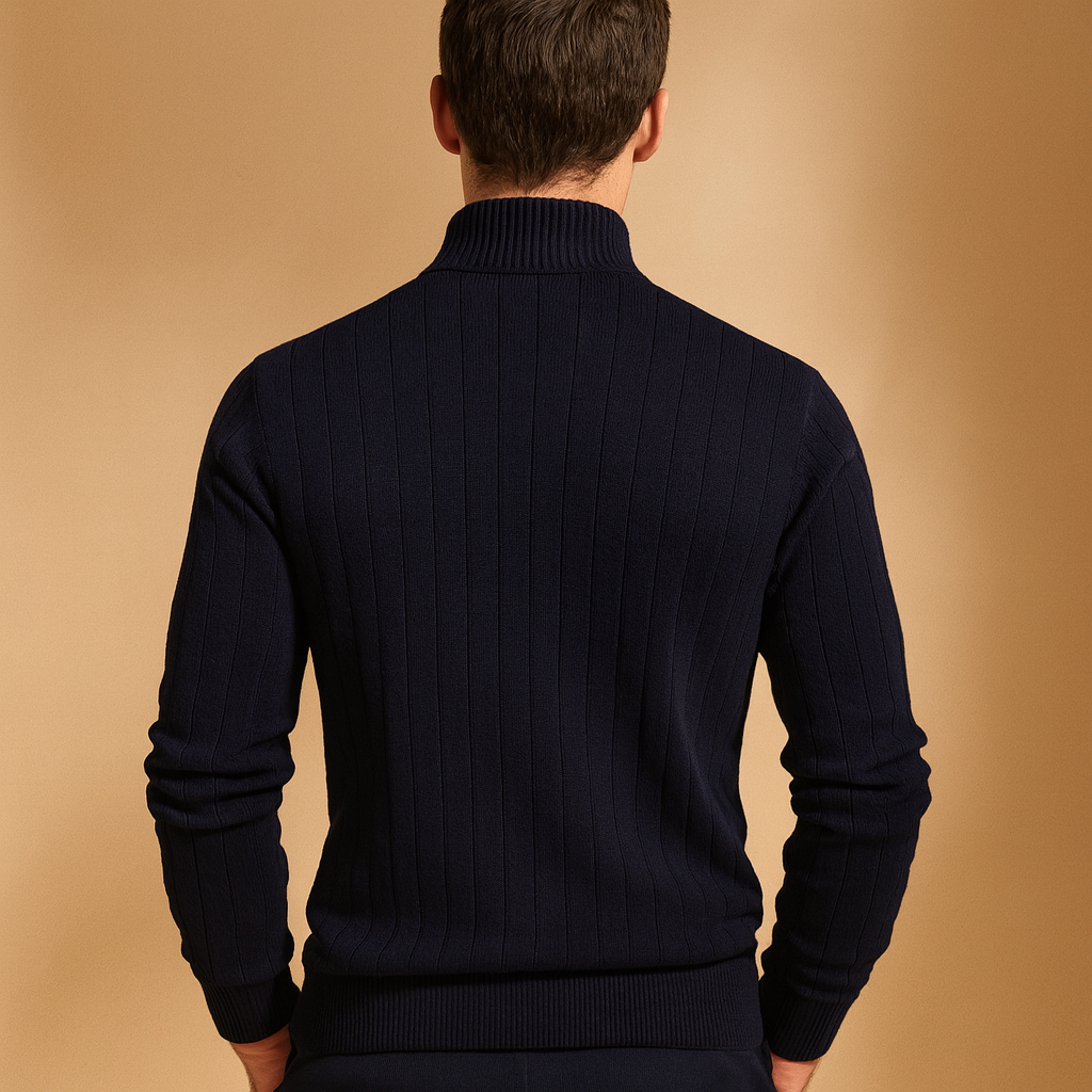 Men’s slim-fit half-zip sweater with a high collar and warm knit, ideal for casual, office, and modern everyday outfits during autumn and winter.