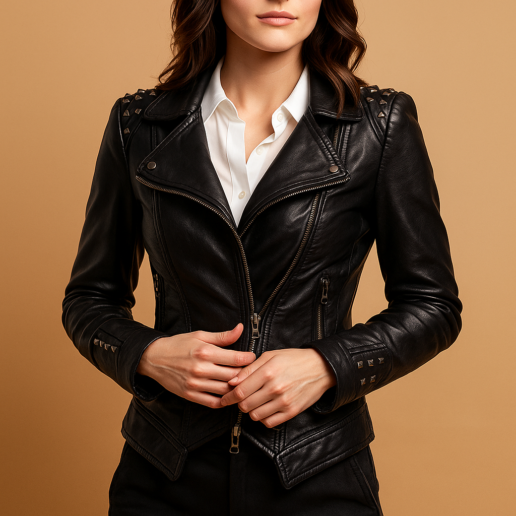 Women’s slim-fit leather jacket with quilted details, silver hardware, and gothic-inspired design. Perfect for edgy casual or evening outfits.