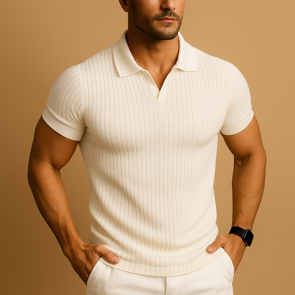 Men’s slim fit polo shirt with V-neck lapel collar, ribbed design, and short sleeves. Ideal for casual days, weekends, or smart-casual outfits.