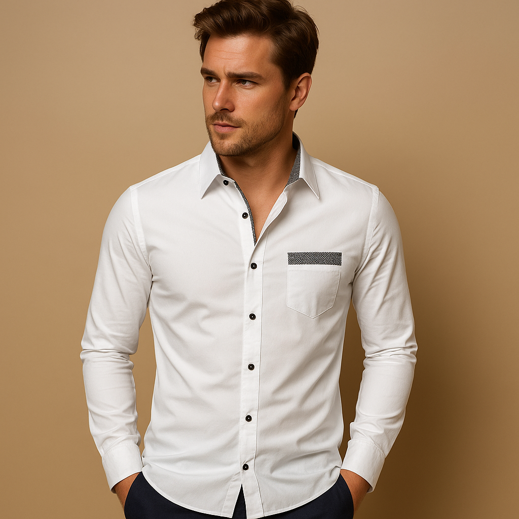 Men’s slim fit dress shirt with breathable fabric and classic collar, available in multiple solid colors for business, casual, or evening wear.
