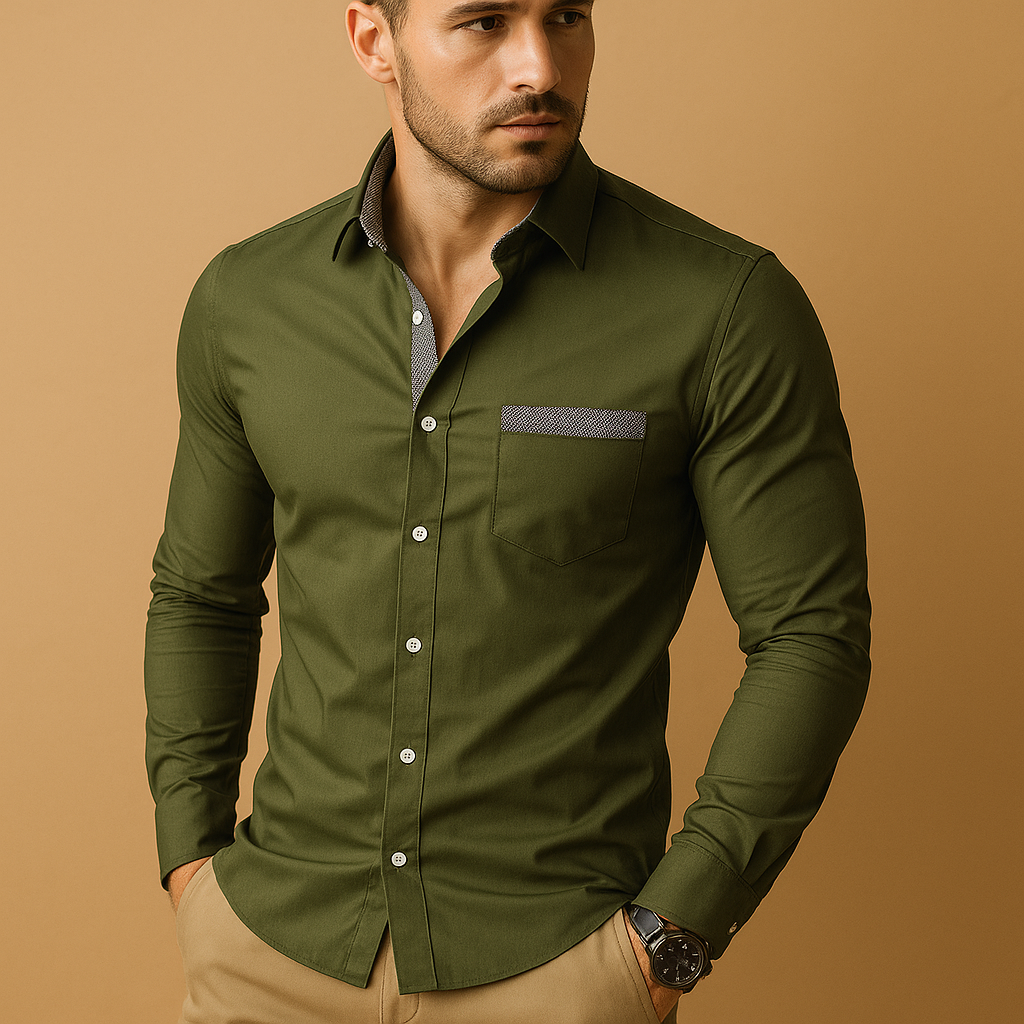 Men’s slim fit dress shirt with breathable fabric and classic collar, available in multiple solid colors for business, casual, or evening wear.