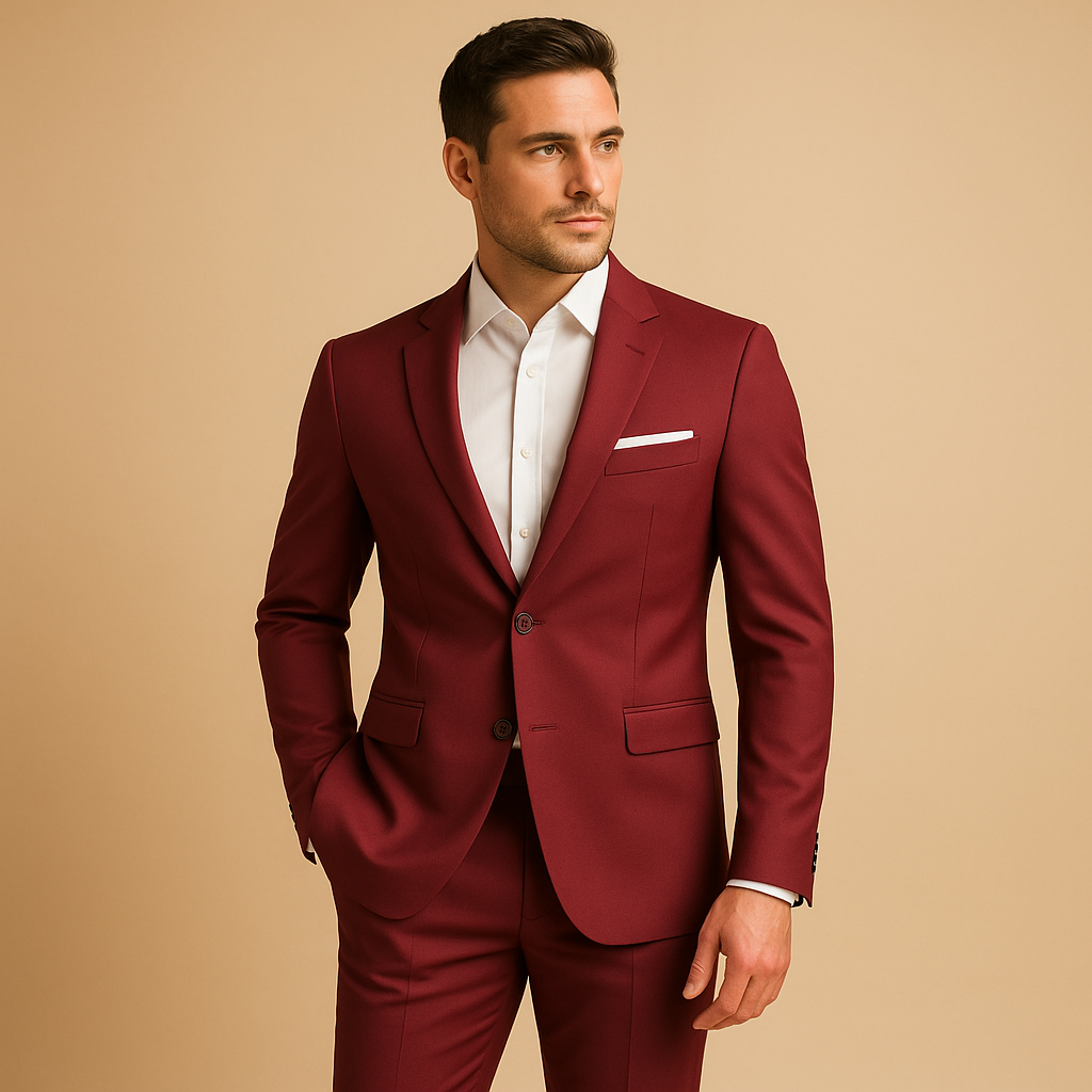 Men’s slim fit suit with blazer and trousers. Modern tailored design, ideal for weddings, formal events, or business occasions in stylish colors.