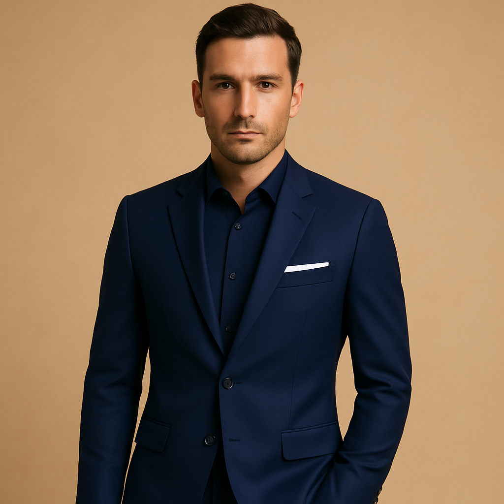 Men’s slim fit suit with blazer and trousers. Modern tailored design, ideal for weddings, formal events, or business occasions in stylish colors.