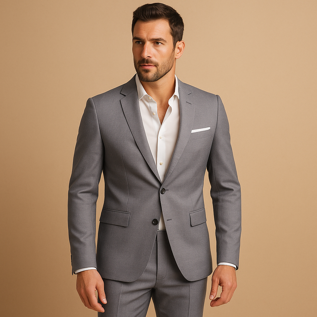 Men’s slim fit suit with blazer and trousers. Modern tailored design, ideal for weddings, formal events, or business occasions in stylish colors.