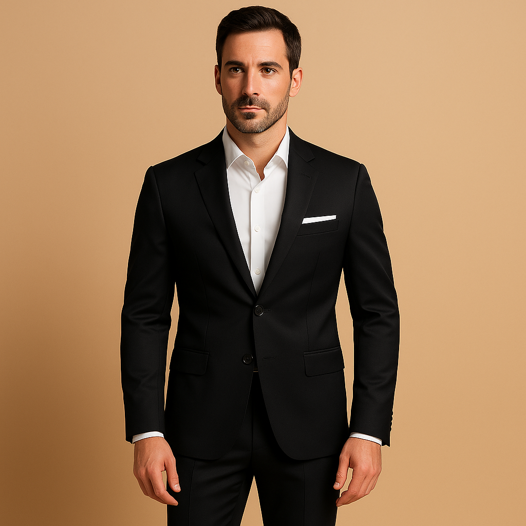 Men’s slim fit suit with blazer and trousers. Modern tailored design, ideal for weddings, formal events, or business occasions in stylish colors.