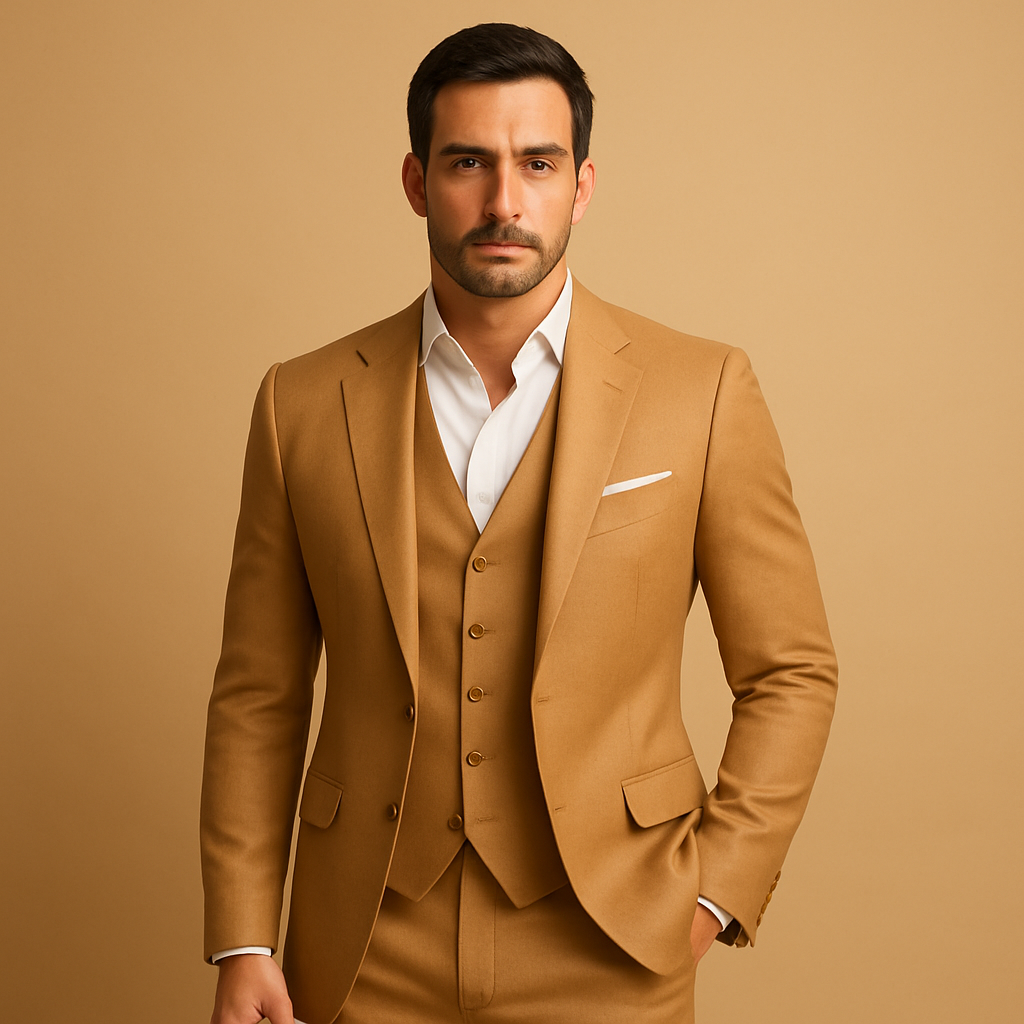 Men’s slim fit suit with blazer and trousers. Modern tailored design, ideal for weddings, formal events, or business occasions in stylish colors.
