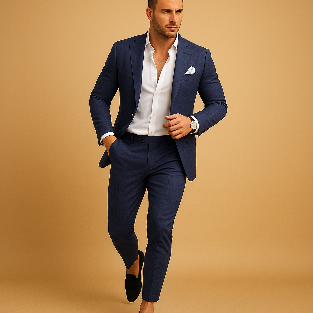 Slim fit suit for men with blazer and trousers in modern cut, ideal for weddings, business, and formal occasions.