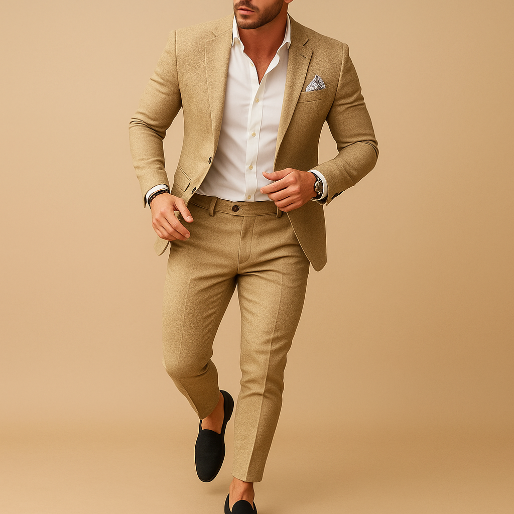 Slim fit suit for men with blazer and trousers in modern cut, ideal for weddings, business, and formal occasions.