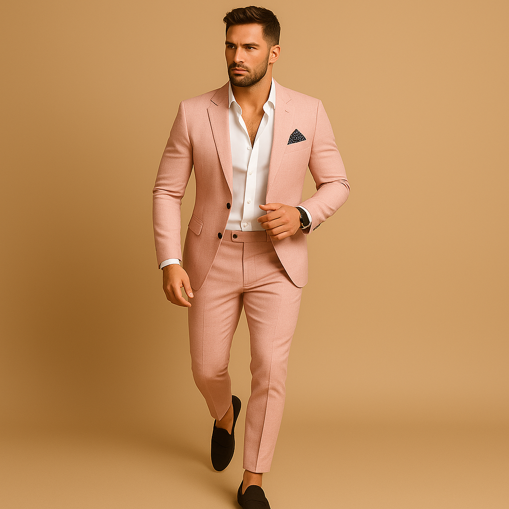 Slim fit suit for men with blazer and trousers in modern cut, ideal for weddings, business, and formal occasions.