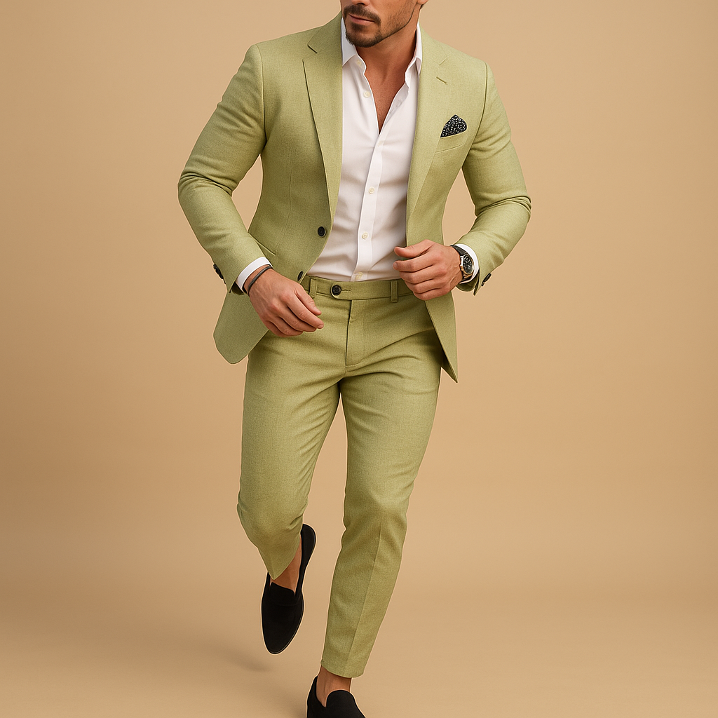 Slim fit suit for men with blazer and trousers in modern cut, ideal for weddings, business, and formal occasions.